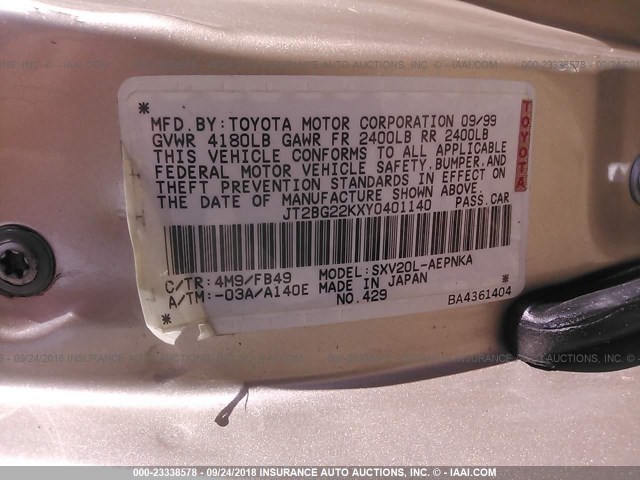 JT2BG22KXY0401140 - 2000 TOYOTA CAMRY CE/LE/XLE 棕色 照片 9