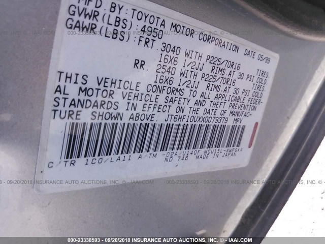 JT6HF10UXX0079379 - 1999 LEXUS RX 300 SILVER photo 9