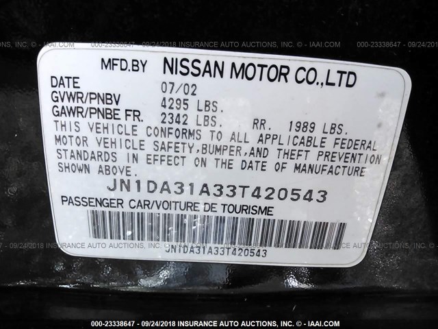 JN1DA31A33T420543 - 2003 NISSAN MAXIMA GLE/SE BLACK photo 9