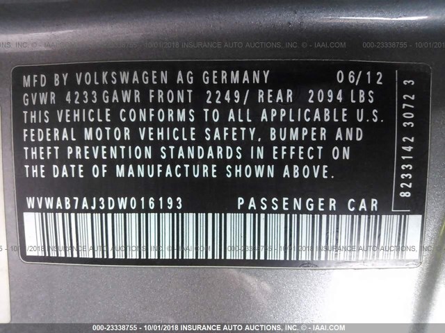 WVWAB7AJ3DW016193 - 2013 VOLKSWAGEN GOLF GRAY photo 9