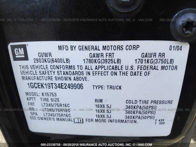 1GCEK19T34E249906 - 2004 CHEVROLET SILVERADO K1500 GRAY photo 9