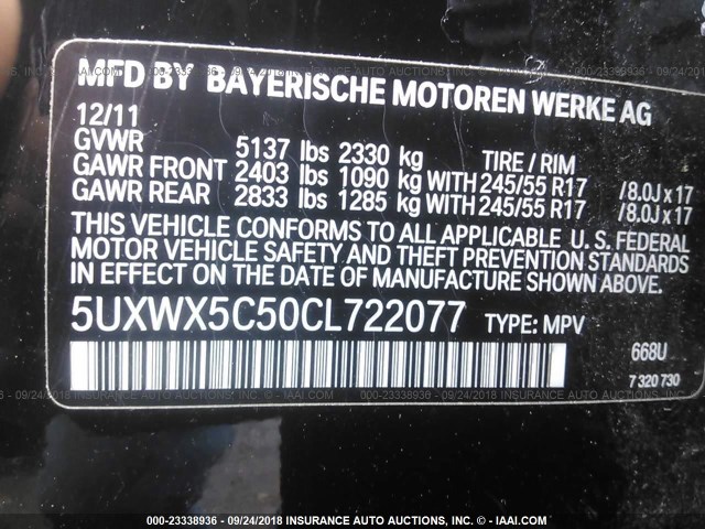 5UXWX5C50CL722077 - 2012 BMW X3 XDRIVE28I BLACK photo 9