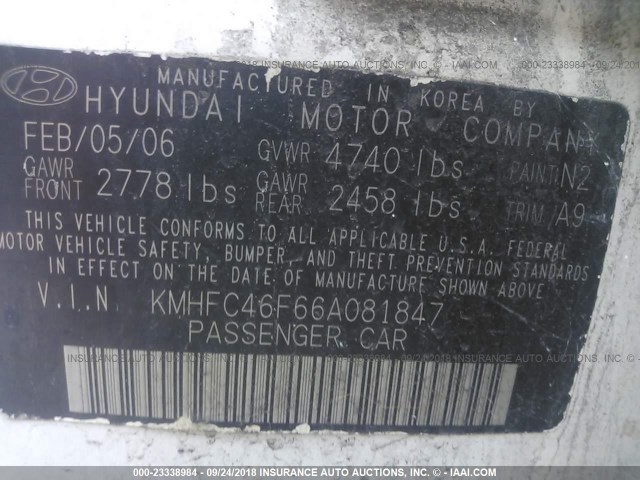 KMHFC46F66A081847 - 2006 HYUNDAI AZERA SE/LIMITED WHITE photo 9