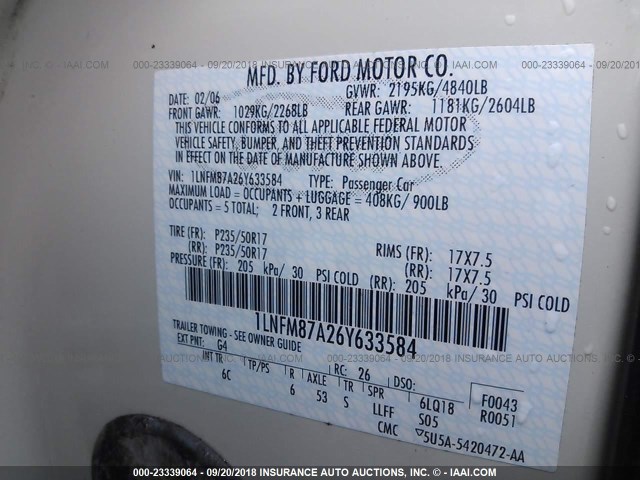 1LNFM87A26Y633584 - 2006 LINCOLN LS WHITE photo 9