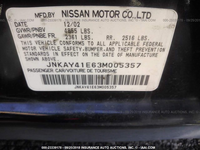 JNKAY41E63M005357 - 2003 INFINITI M45 BLACK photo 9