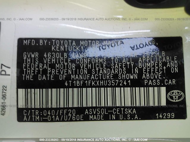 4T1BF1FKXHU357241 - 2017 TOYOTA CAMRY LE/XLE/SE/XSE 白色 照片 9