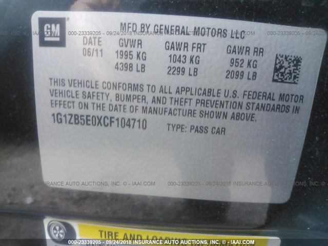 1G1ZB5E0XCF104710 - 2012 CHEVROLET MALIBU LS 黑色 照片 9