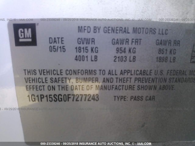 1G1P15SG0F7277243 - 2015 CHEVROLET CRUZE L WHITE photo 9