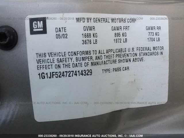 1G1JF524727414329 - 2002 CHEVROLET CAVALIER LS TAN photo 9