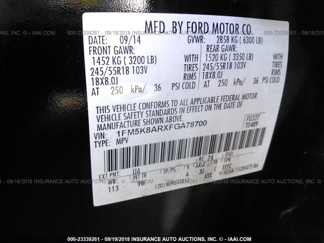 1FM5K8ARXFGA78700 - 2015 FORD EXPLORER POLICE INTERCEPTOR BLACK photo 9