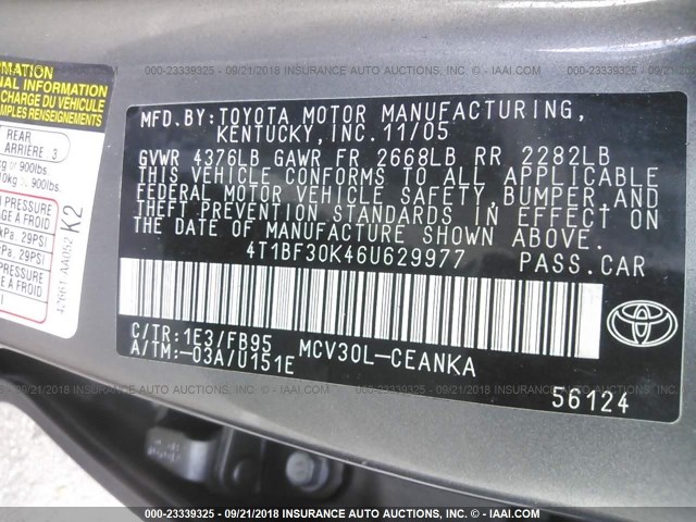 4T1BF30K46U629977 - 2006 TOYOTA CAMRY LE/XLE/SE GRAY photo 9