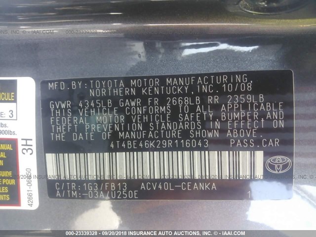 4T4BE46K29R116043 - 2009 TOYOTA CAMRY SE/LE/XLE 灰色 照片 9