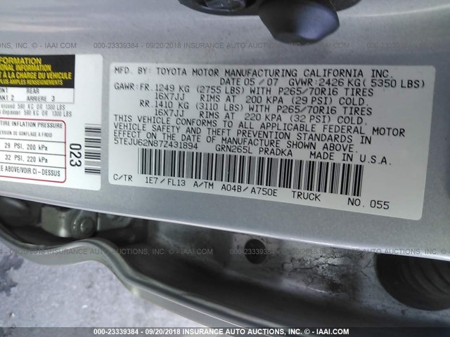 5TEJU62N87Z431894 - 2007 TOYOTA TACOMA DOUBLE CAB PRERUNNER SILVER photo 9