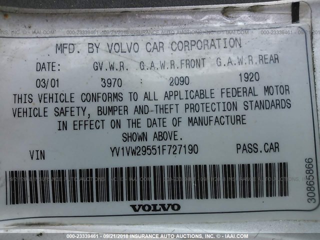 YV1VW29551F727190 - 2001 VOLVO V40 1.9T SILVER photo 9