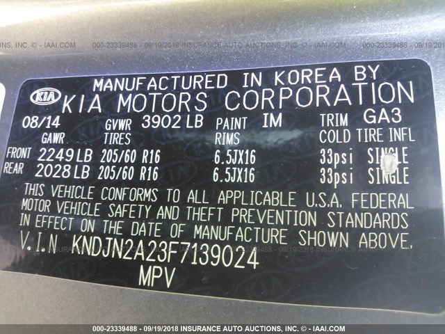 KNDJN2A23F7139024 - 2015 KIA SOUL GRAY photo 9