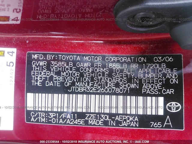 JTDBR32E260078071 - 2006 TOYOTA COROLLA CE/LE RED photo 9