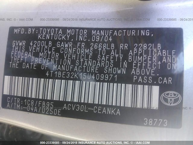 4T1BE32K15U409971 - 2005 TOYOTA CAMRY LE/XLE/SE Күміс фото 9