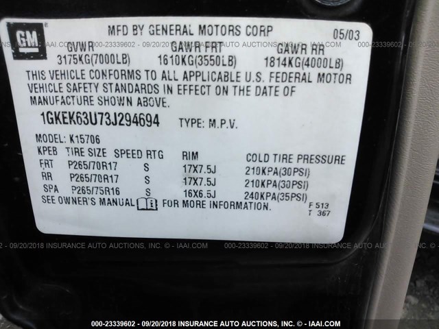 1GKEK63U73J294694 - 2003 GMC YUKON DENALI BLACK photo 9