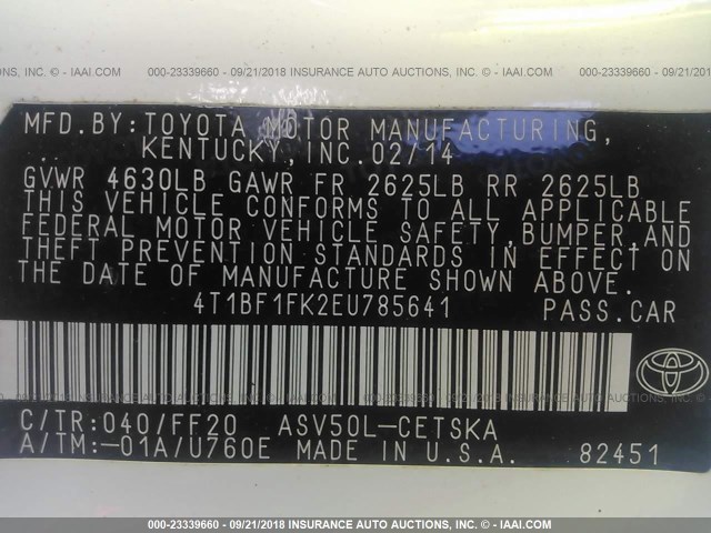 4T1BF1FK2EU785641 - 2014 TOYOTA CAMRY L/SE/LE/XLE თეთრი ფოტო 9