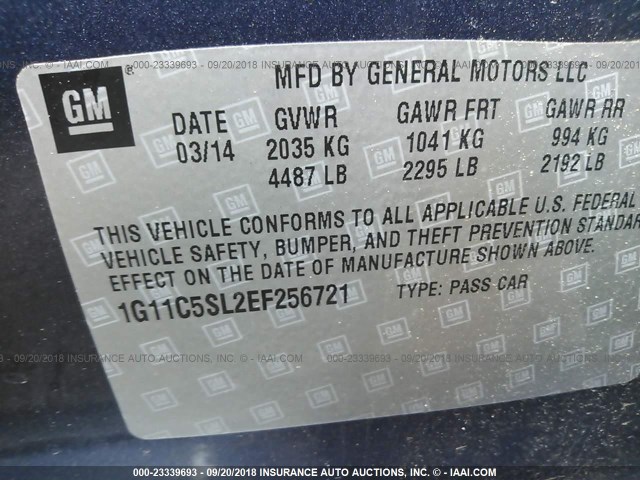 1G11C5SL2EF256721 - 2014 CHEVROLET MALIBU 1LT BLUE photo 9