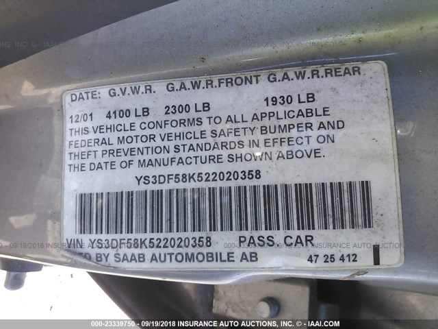 YS3DF58K522020358 - 2002 SAAB 9-3 SE SILVER photo 9