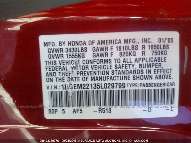 1HGEM22135L029799 - 2005 HONDA CIVIC DX VP Qırmızı foto 9
