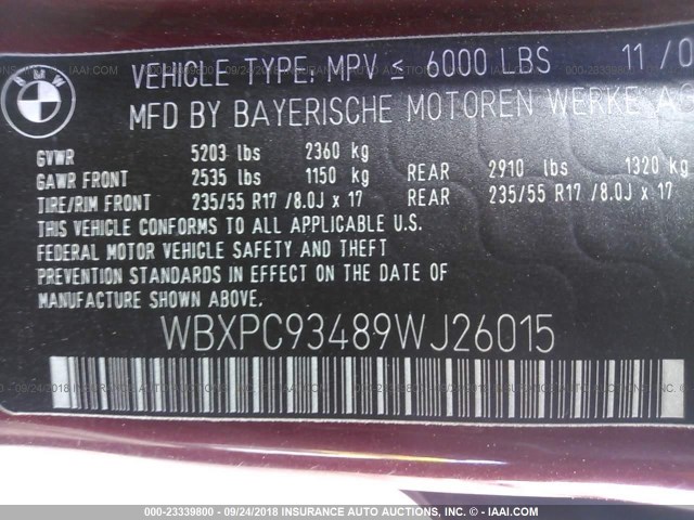 WBXPC93489WJ26015 - 2009 BMW X3 XDRIVE30I RED photo 9