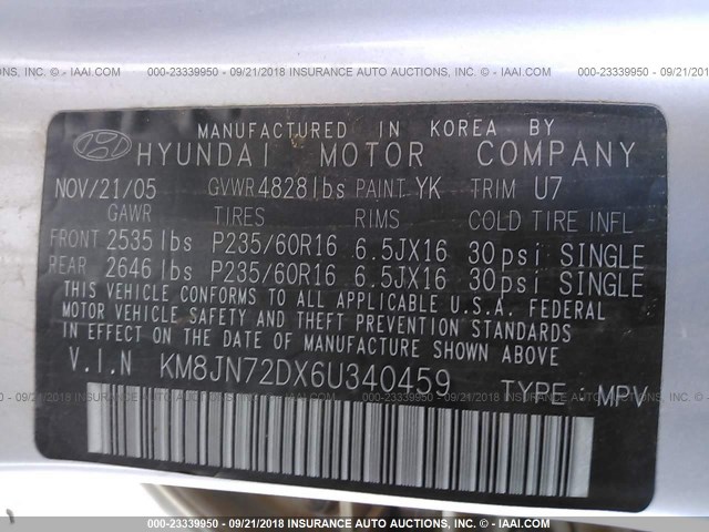 KM8JN72DX6U340459 - 2006 HYUNDAI TUCSON GLS/LIMITED 银色 照片 9