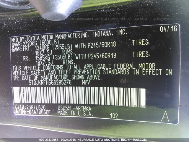 5TDJKRFH6GS285276 - 2016 TOYOTA HIGHLANDER XLE შავი ფოტო 9