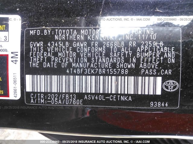 4T4BF3EK7BR155788 - 2011 TOYOTA CAMRY SE/LE/XLE BLACK photo 9