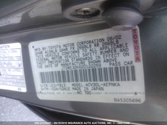 JTDBE32K620122259 - 2002 TOYOTA CAMRY LE/XLE/SE Bej foto 9