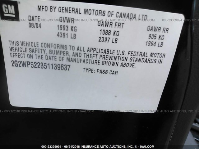 2G2WP522351139637 - 2005 PONTIAC GRAND PRIX BLACK photo 9
