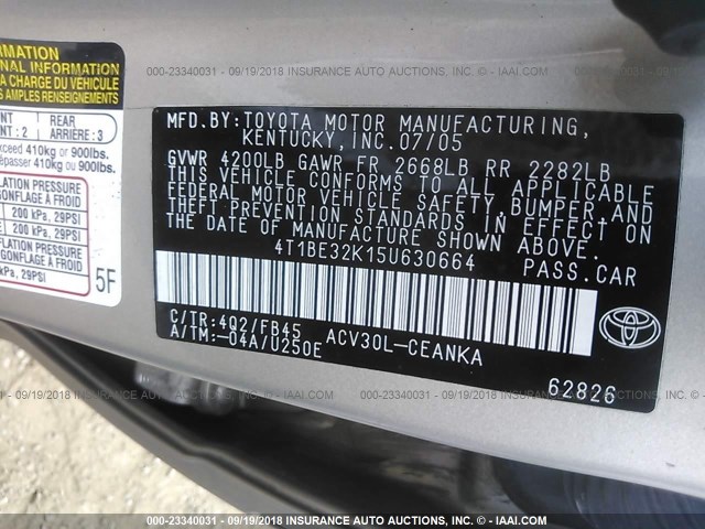 4T1BE32K15U630664 - 2005 TOYOTA CAMRY LE/XLE/SE Алтын фото 9