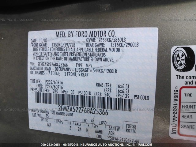 2FMZA52276BA25366 - 2006 FORD FREESTAR SEL GRAY photo 9