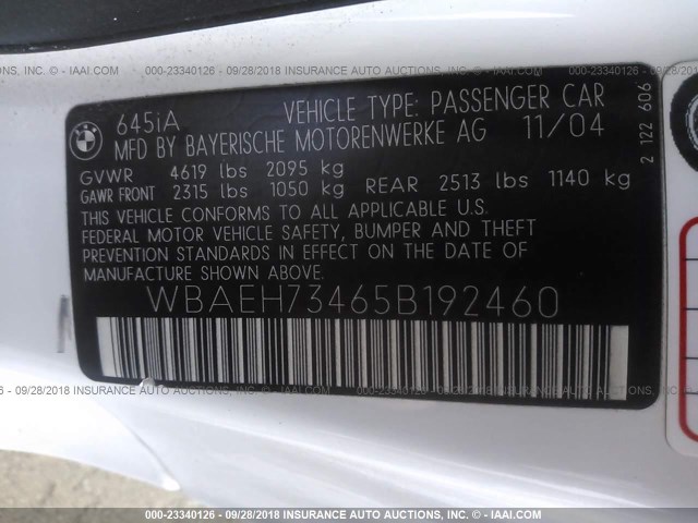 WBAEH73465B192460 - 2005 BMW 645 CI AUTOMATIC WHITE photo 9