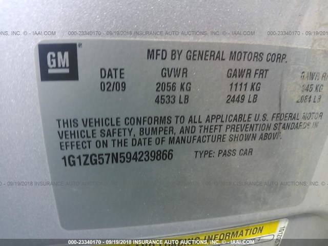 1G1ZG57N594239866 - 2009 CHEVROLET MALIBU LS Gümüş foto 9
