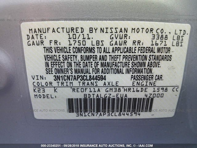 3N1CN7AP3CL844594 - 2012 NISSAN VERSA S/SV/SL SILVER photo 9