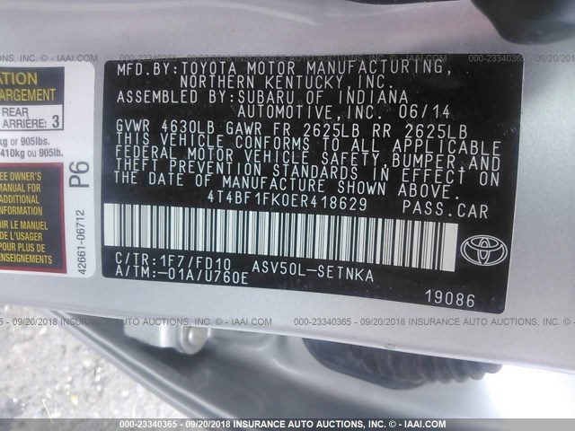 4T4BF1FK0ER418629 - 2014 TOYOTA CAMRY L/SE/LE/XLE SILVER photo 9