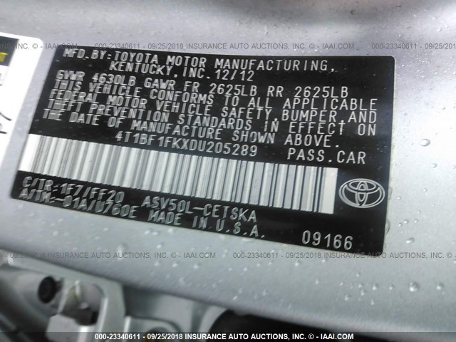 4T1BF1FKXDU205289 - 2013 TOYOTA CAMRY L/SE/LE/XLE Gümüş foto 9