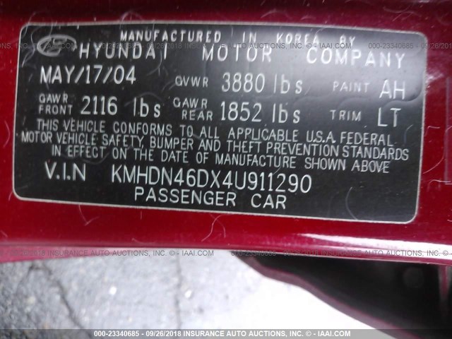 KMHDN46DX4U911290 - 2004 HYUNDAI ELANTRA GLS/GT RED photo 9