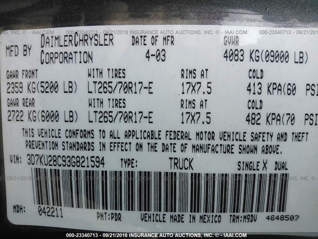 3D7KU28C93G821594 - 2003 DODGE RAM 2500 ST/SLT 灰色 照片 9