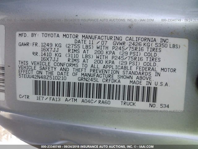 5TEUU42N48Z510210 - 2008 TOYOTA TACOMA ACCESS CAB SILVER photo 9