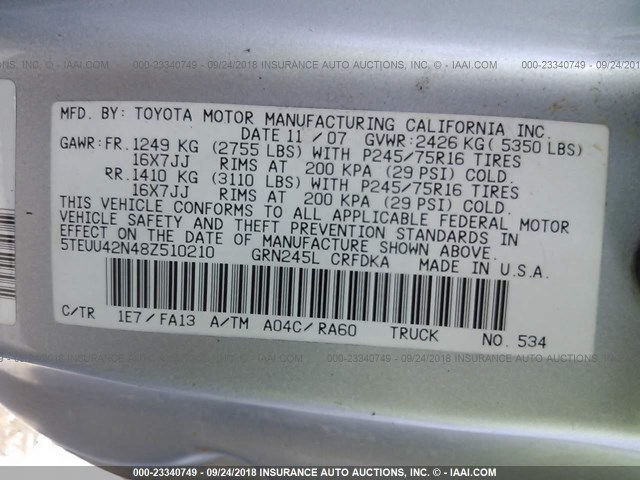 5TEUU42N48Z510210 - 2008 TOYOTA TACOMA ACCESS CAB Silber Foto 9