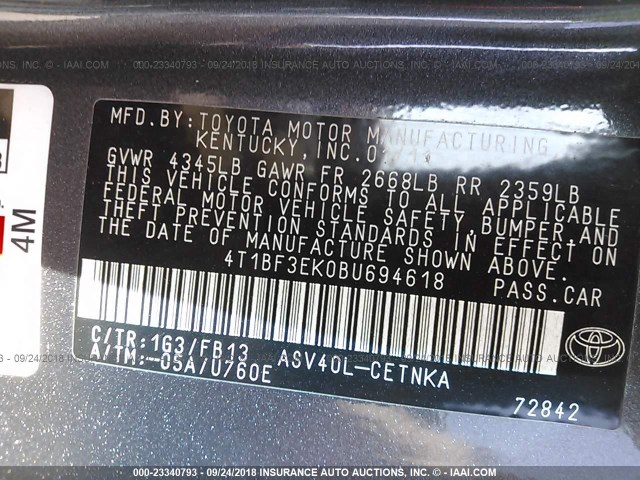 4T1BF3EK0BU694618 - 2011 TOYOTA CAMRY SE/LE/XLE ნაცრისფერი ფოტო 9