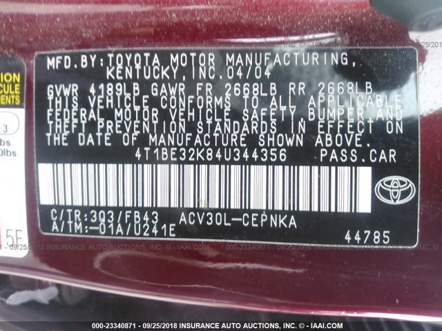 4T1BE32K84U344356 - 2004 TOYOTA CAMRY LE/XLE/SE Qırmızı foto 9