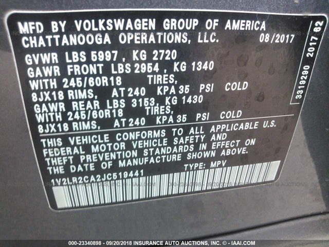 1V2LR2CA2JC519441 - 2018 VOLKSWAGEN ATLAS SE GRAY photo 9