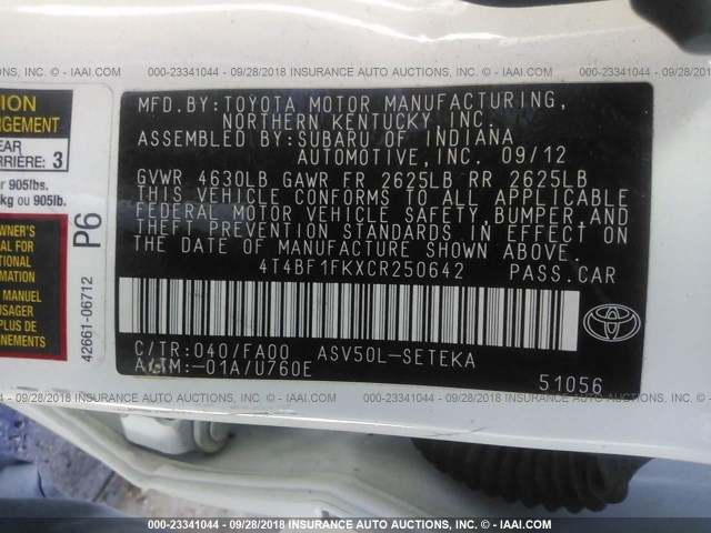 4T4BF1FKXCR250642 - 2012 TOYOTA CAMRY SE/LE/XLE 白色 照片 9