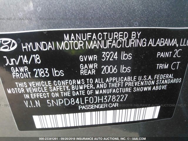 5NPD84LF0JH378227 - 2018 HYUNDAI ELANTRA SEL/VALUE/LIMITED GRAY photo 9