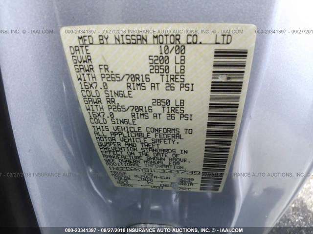 1N6ED26Y81C333739 - 2001 NISSAN FRONTIER KING CAB XE/KING CAB SE SILVER photo 9