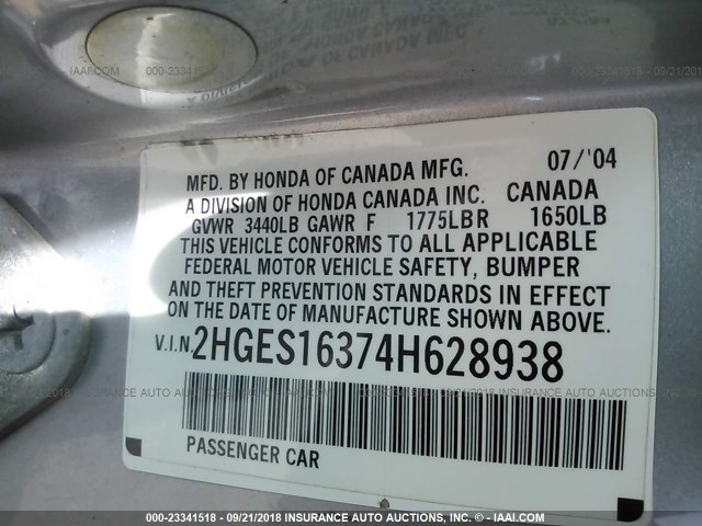 2HGES16374H628938 - 2004 HONDA CIVIC DX VP Gümüş foto 9